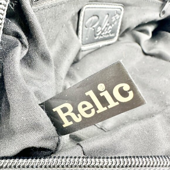 Relic Brown Geometric Pattern Handbag Black Faux Leather Trim Double Handles - Picture 5 of 12